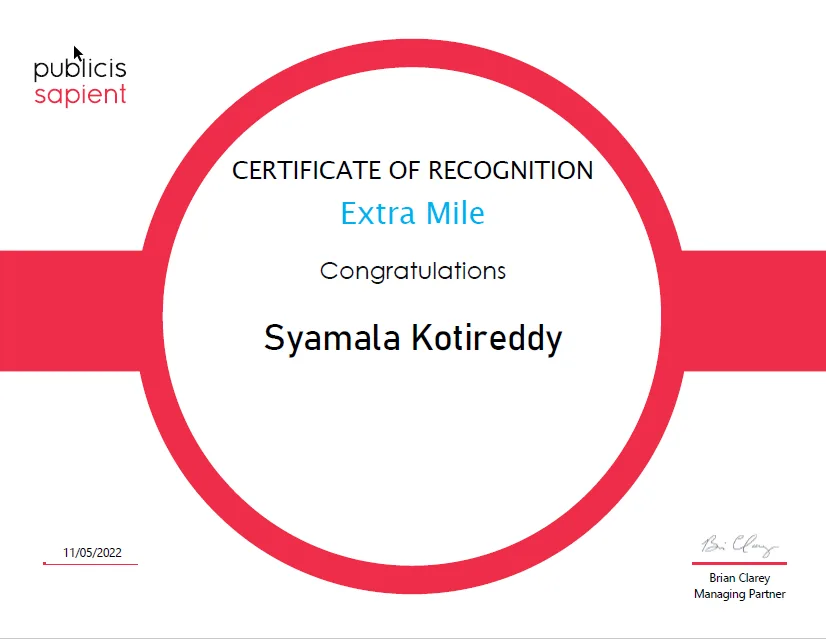 Publicis Sapient: Recoginition of Extra Mile 2022