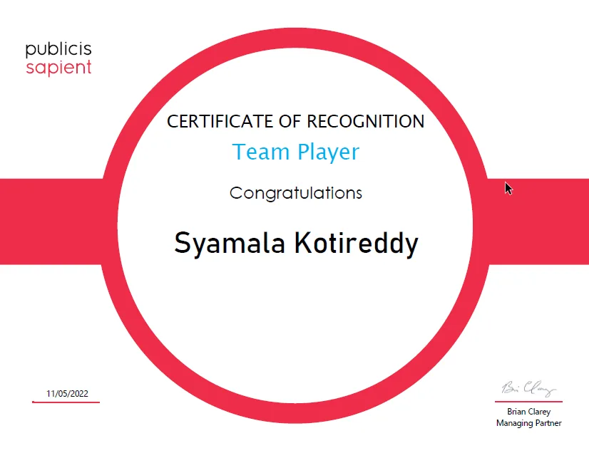 Publicis Sapient: Recoginition of Team player